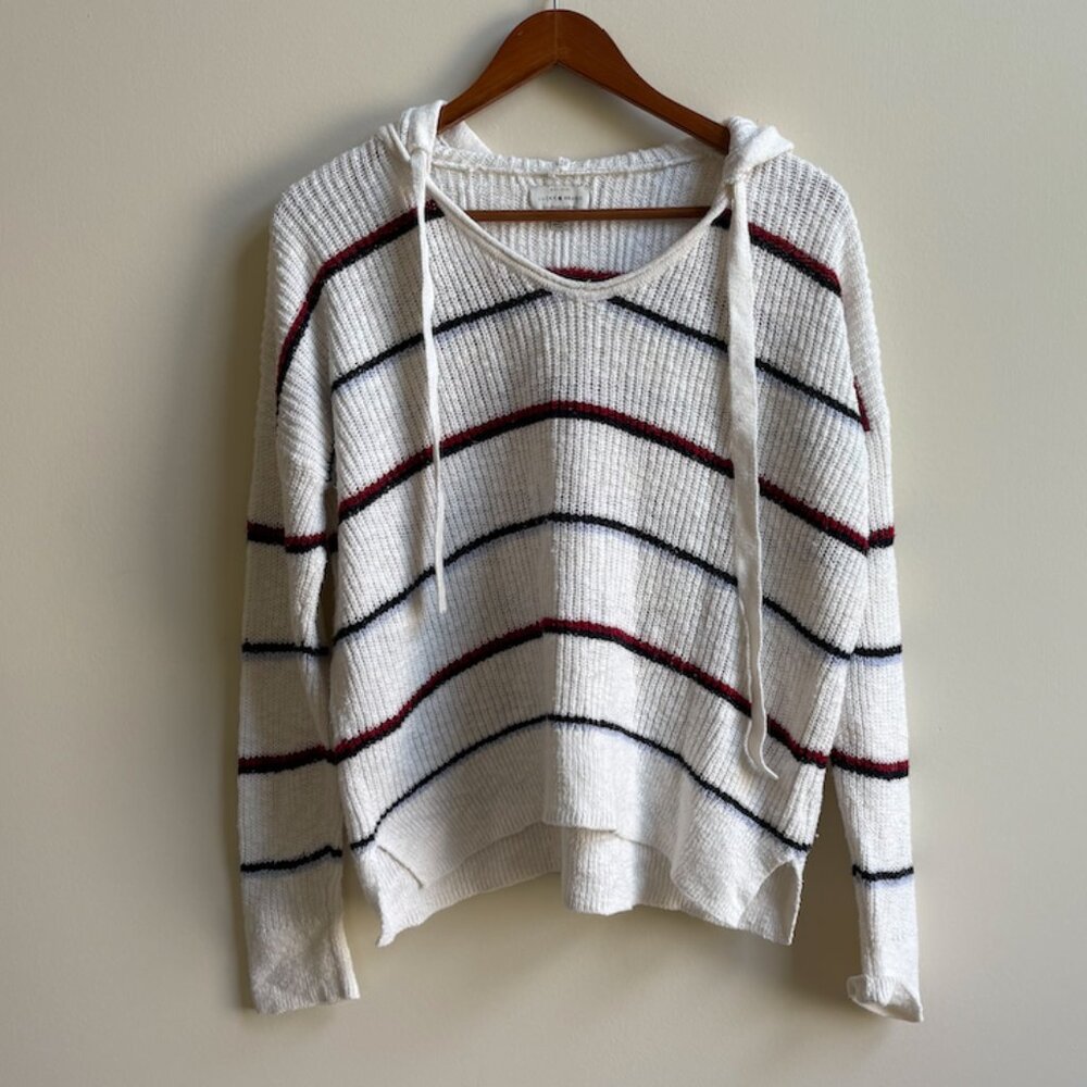 Lucky Brand Knit Hoodie Sweater - White with Small Red/Blue stripes (Size S)